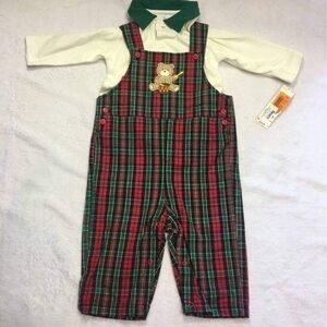 Cream Polo Bodysuit with Red & Green Plaid Overalls - Kids One-Piece